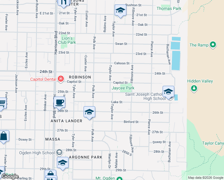 map of restaurants, bars, coffee shops, grocery stores, and more near 1502 25th Street in Ogden