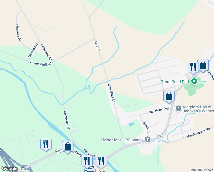 map of restaurants, bars, coffee shops, grocery stores, and more near 10-2411 Lime Bluff Road in Muncy