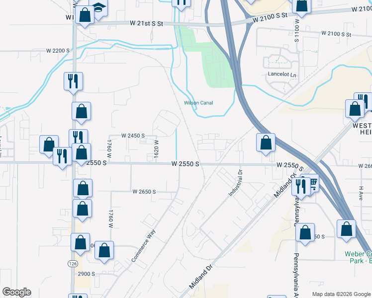 map of restaurants, bars, coffee shops, grocery stores, and more near 1468 2550 South Street in Ogden