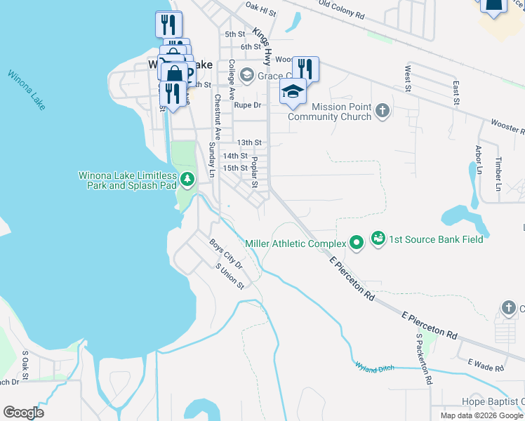 map of restaurants, bars, coffee shops, grocery stores, and more near Kings Ct Exd in Winona Lake