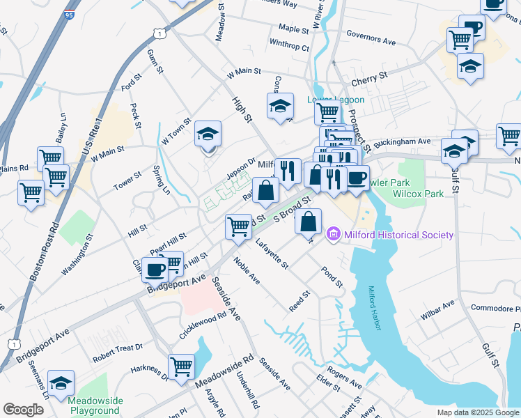map of restaurants, bars, coffee shops, grocery stores, and more near 185 Broad Street in Milford