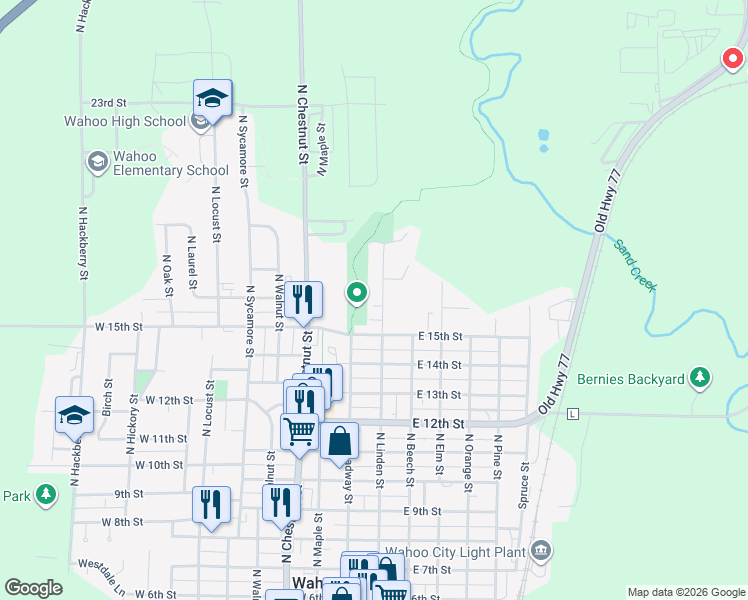 map of restaurants, bars, coffee shops, grocery stores, and more near 108 East 15th Street in Wahoo