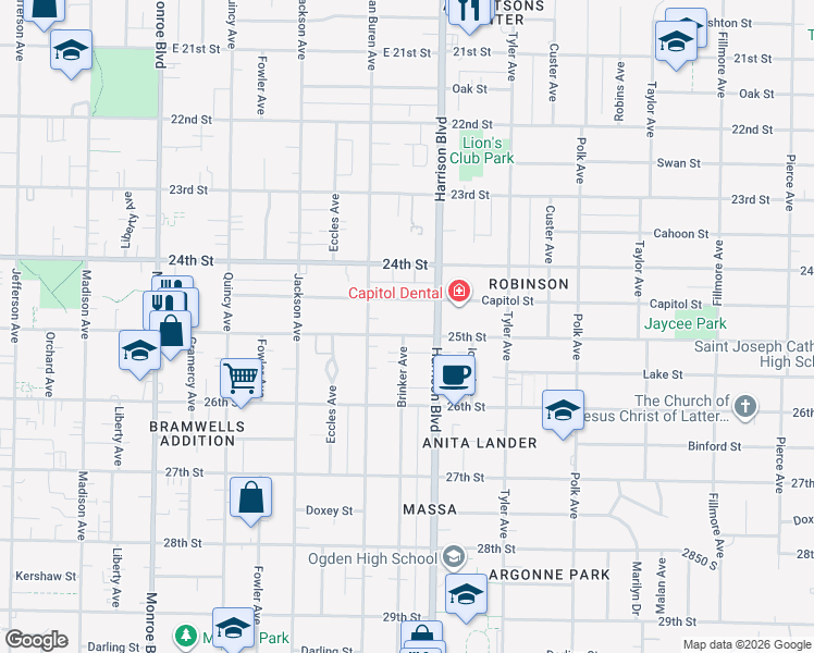 map of restaurants, bars, coffee shops, grocery stores, and more near 1150 25th Street in Ogden