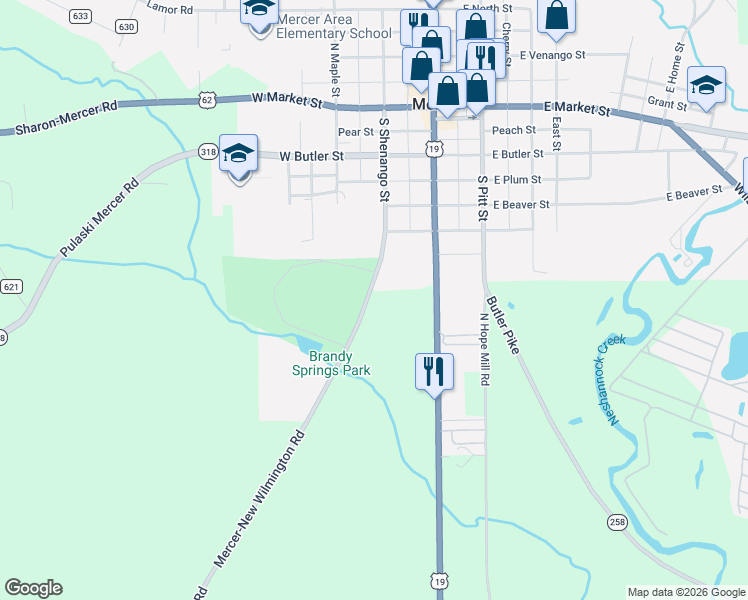 map of restaurants, bars, coffee shops, grocery stores, and more near 419 South Shenango Street in Mercer