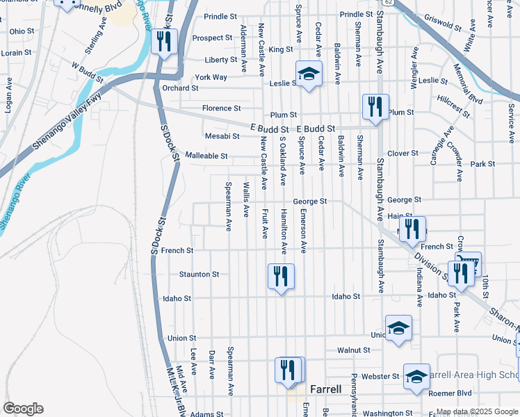 map of restaurants, bars, coffee shops, grocery stores, and more near 1134 Fruit Avenue in Farrell