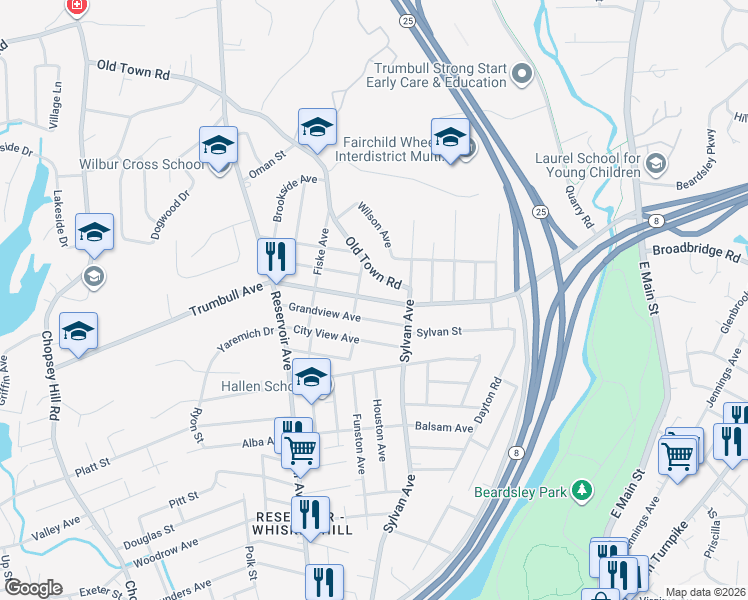 map of restaurants, bars, coffee shops, grocery stores, and more near 77 Trumbull Avenue in Bridgeport