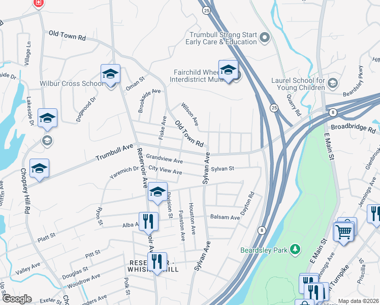 map of restaurants, bars, coffee shops, grocery stores, and more near 77 Trumbull Avenue in Bridgeport