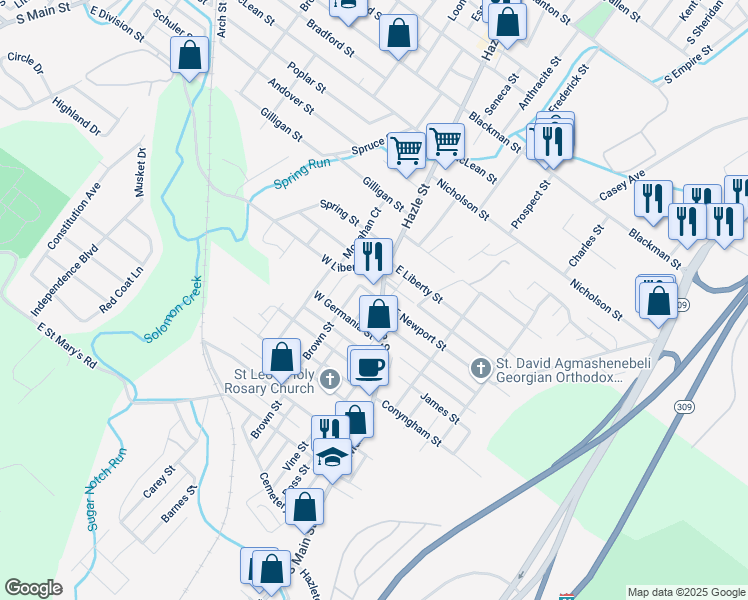map of restaurants, bars, coffee shops, grocery stores, and more near 2 West Newport Street in Wilkes-Barre