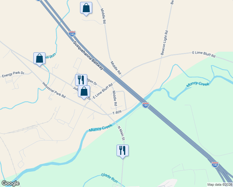 map of restaurants, bars, coffee shops, grocery stores, and more near 2-298 Woodland Road in Muncy