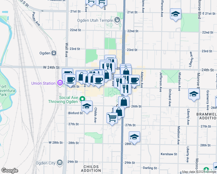 map of restaurants, bars, coffee shops, grocery stores, and more near 343 25th Street in Ogden