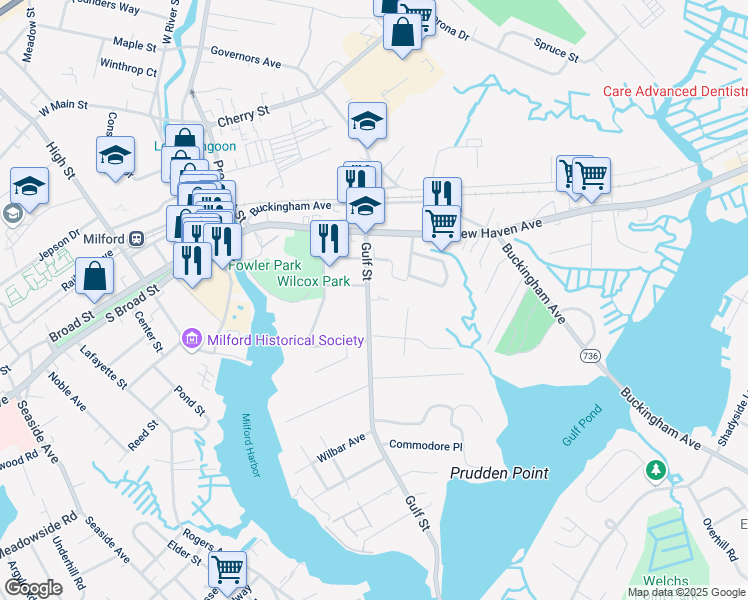map of restaurants, bars, coffee shops, grocery stores, and more near 215 Gulf Street in Milford