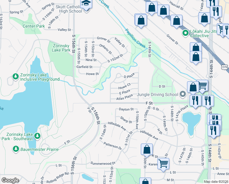 map of restaurants, bars, coffee shops, grocery stores, and more near 15101 Atlas Plaza in Omaha