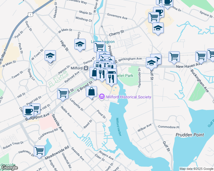 map of restaurants, bars, coffee shops, grocery stores, and more near 5 Schooner Lane in Milford