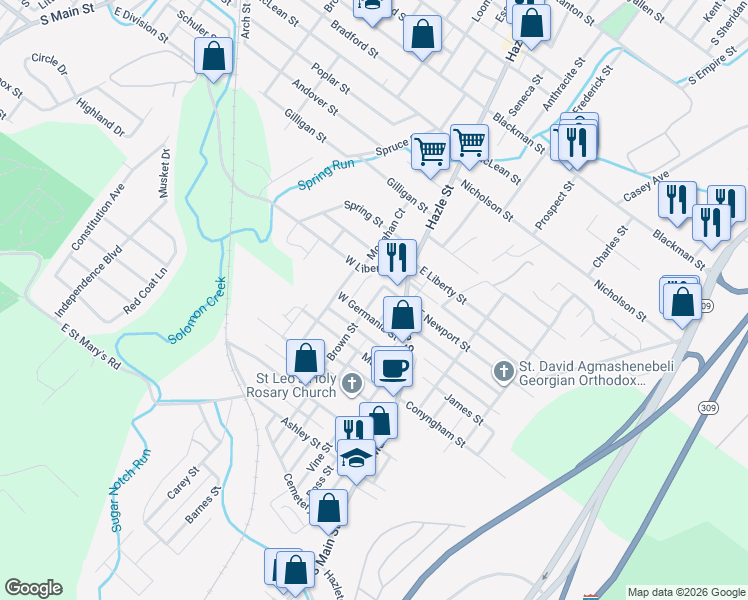 map of restaurants, bars, coffee shops, grocery stores, and more near 16 W Germania St in Luzerne