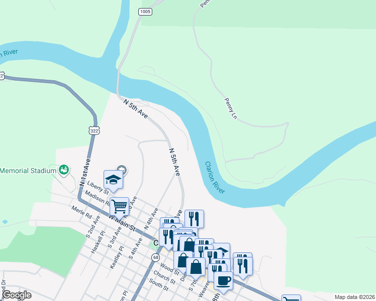 map of restaurants, bars, coffee shops, grocery stores, and more near 100 Firemans Road in Clarion