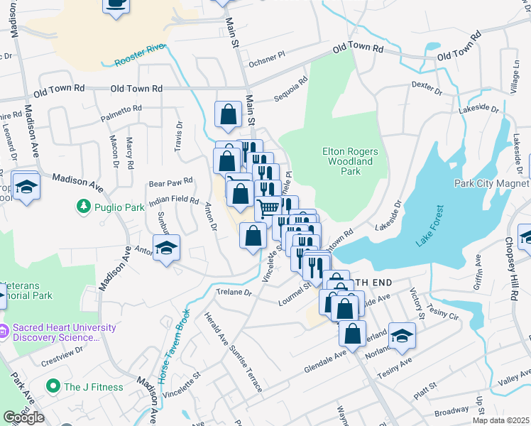 map of restaurants, bars, coffee shops, grocery stores, and more near 4425 Main Street in Bridgeport