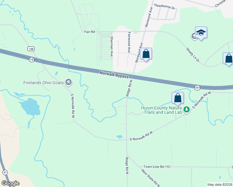 map of restaurants, bars, coffee shops, grocery stores, and more near 2981 Ridge Road North in Norwalk