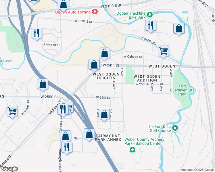 map of restaurants, bars, coffee shops, grocery stores, and more near 845 West 25th Street in Ogden