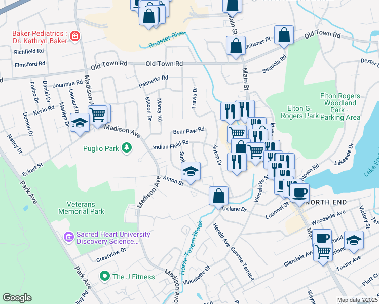 map of restaurants, bars, coffee shops, grocery stores, and more near 80 Indian Field Road in Bridgeport