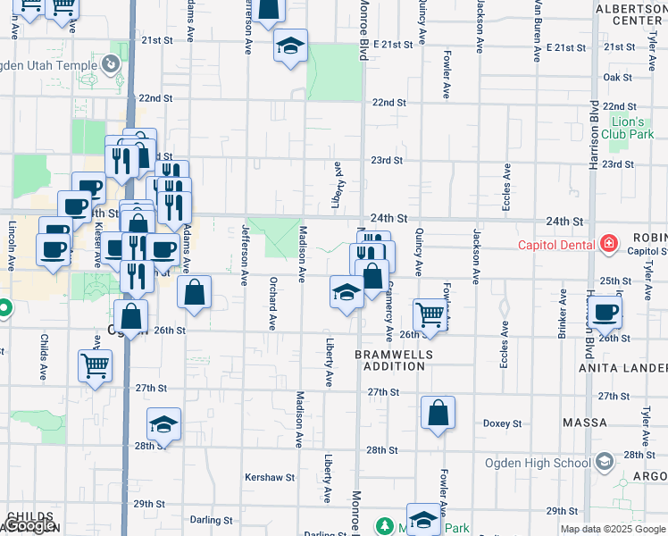 map of restaurants, bars, coffee shops, grocery stores, and more near 2445 Monroe Boulevard in Ogden
