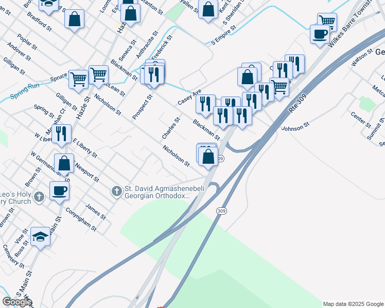 map of restaurants, bars, coffee shops, grocery stores, and more near 188 Nicholson Street in Luzerne County