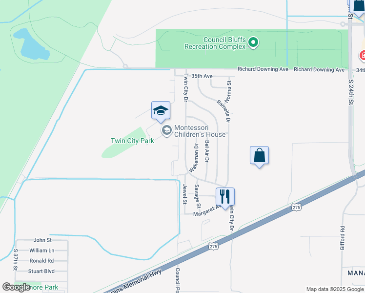 map of restaurants, bars, coffee shops, grocery stores, and more near 3105 Renner Drive in Council Bluffs
