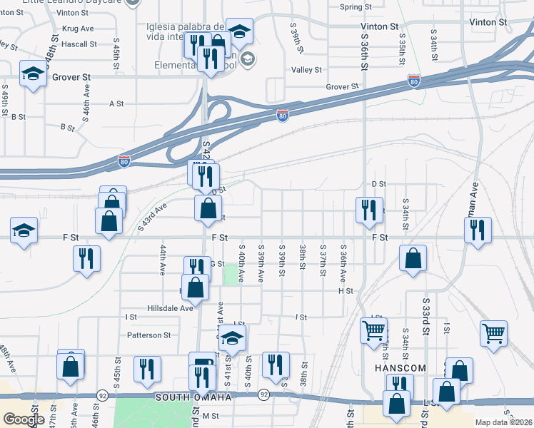 map of restaurants, bars, coffee shops, grocery stores, and more near 3952 South 39th Street in Omaha