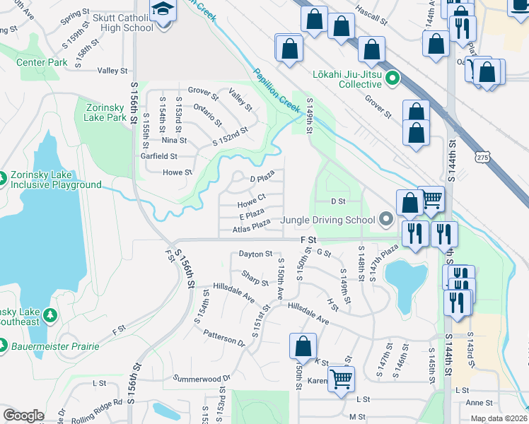 map of restaurants, bars, coffee shops, grocery stores, and more near 131 Howe Court in Omaha