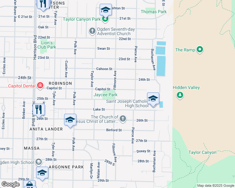 map of restaurants, bars, coffee shops, grocery stores, and more near 2466 Fillmore Avenue in Ogden