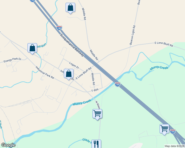 map of restaurants, bars, coffee shops, grocery stores, and more near 2 Woodland Road in Muncy