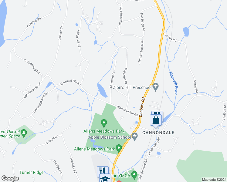 map of restaurants, bars, coffee shops, grocery stores, and more near 25 Fairview Lane in Wilton