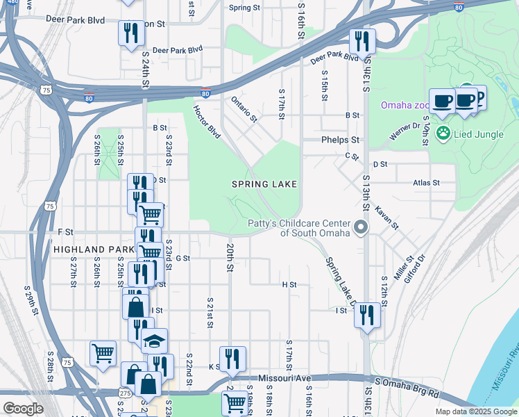 map of restaurants, bars, coffee shops, grocery stores, and more near Spring Lake Park Road in Omaha