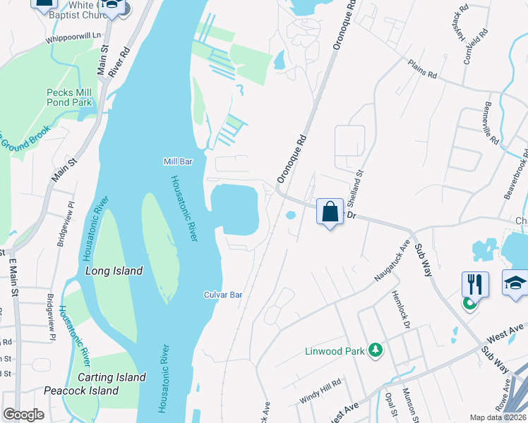 map of restaurants, bars, coffee shops, grocery stores, and more near 313 Popes Island Road in Milford