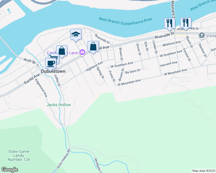 map of restaurants, bars, coffee shops, grocery stores, and more near 398 Spring Street in Duboistown