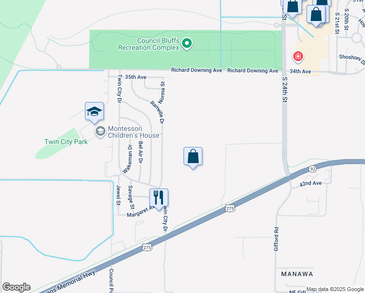 map of restaurants, bars, coffee shops, grocery stores, and more near in Council Bluffs