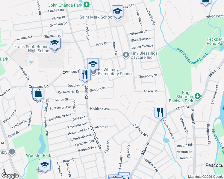map of restaurants, bars, coffee shops, grocery stores, and more near 330 Delaware Drive in Stratford