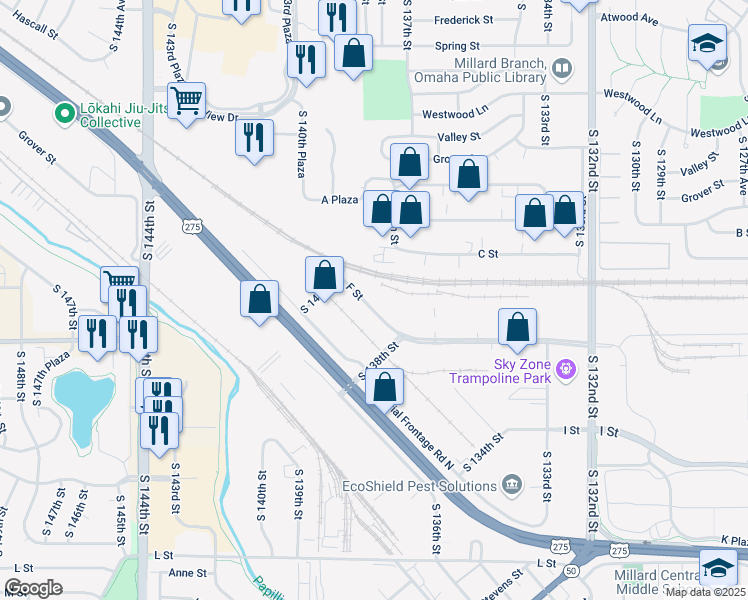 map of restaurants, bars, coffee shops, grocery stores, and more near 13906 F Street in Omaha