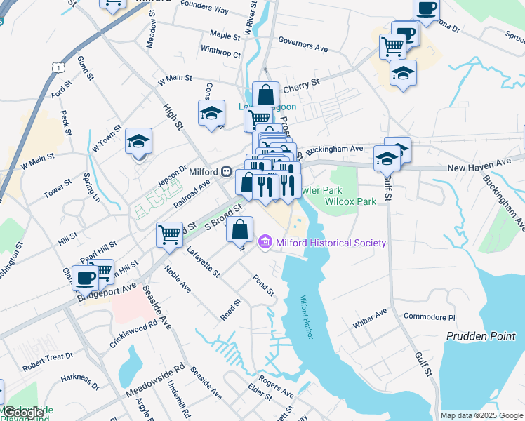 map of restaurants, bars, coffee shops, grocery stores, and more near 50 Broad Street in Milford