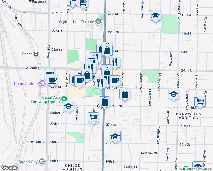 map of restaurants, bars, coffee shops, grocery stores, and more near 2484 Washington Boulevard in Ogden