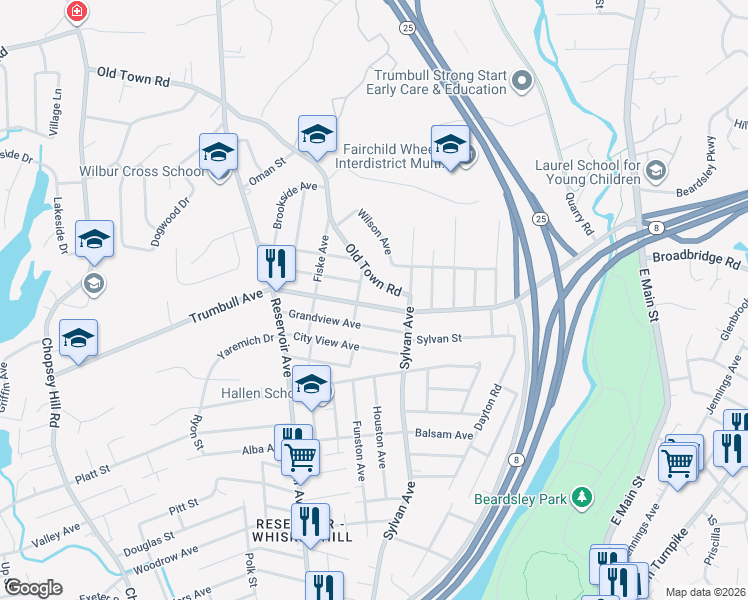 map of restaurants, bars, coffee shops, grocery stores, and more near 5 Voight Avenue in Bridgeport