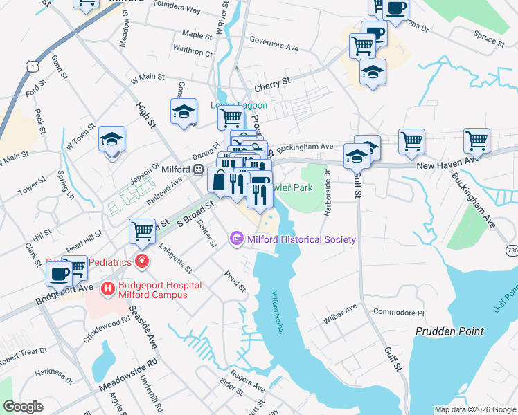 map of restaurants, bars, coffee shops, grocery stores, and more near 2 Schooner Lane in Milford