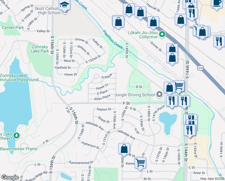 map of restaurants, bars, coffee shops, grocery stores, and more near 3969 South 150th Plaza in Omaha