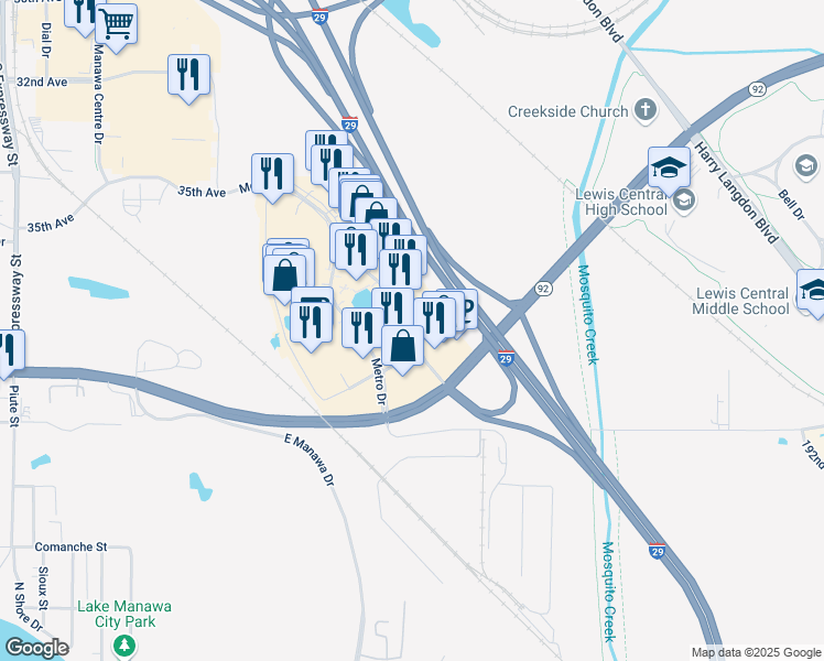 map of restaurants, bars, coffee shops, grocery stores, and more near 3825 Denmark Drive in Council Bluffs