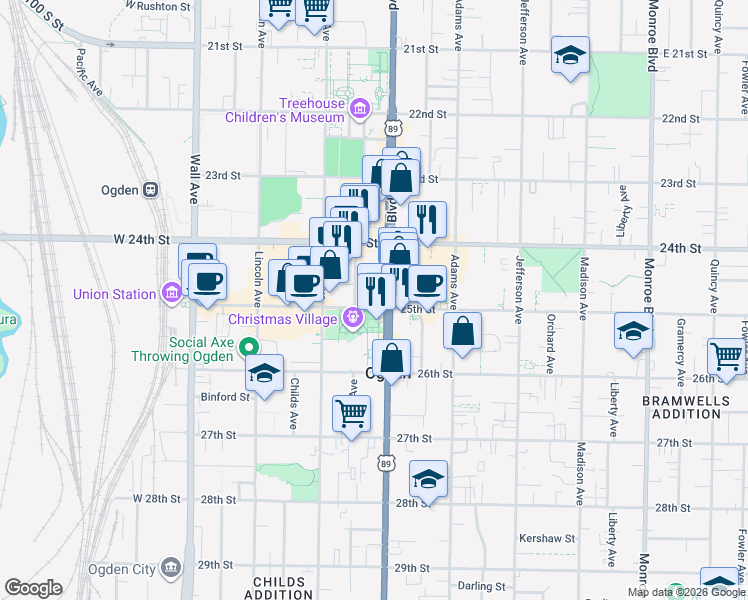 map of restaurants, bars, coffee shops, grocery stores, and more near 2446 Washington Boulevard in Ogden