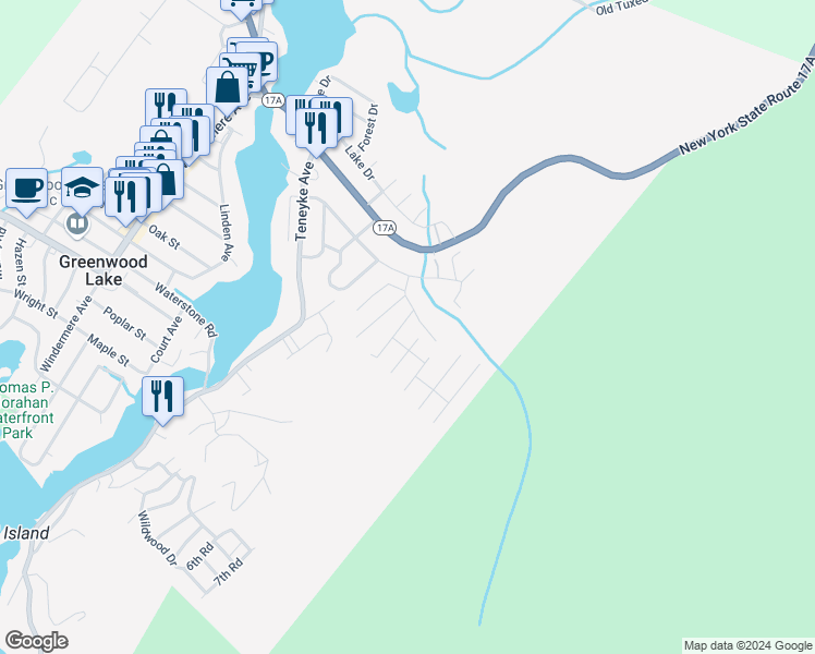 map of restaurants, bars, coffee shops, grocery stores, and more near 17 Main Drive in Greenwood Lake