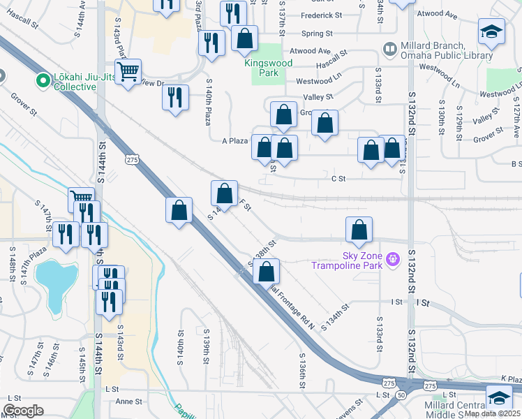 map of restaurants, bars, coffee shops, grocery stores, and more near 13906 F Street in Omaha