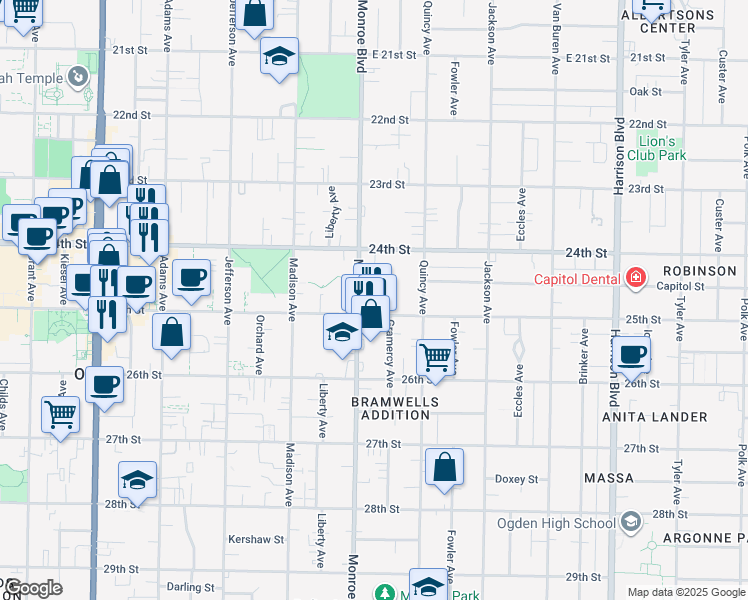 map of restaurants, bars, coffee shops, grocery stores, and more near 810 East 2500 South in Ogden
