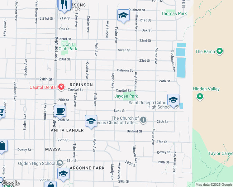 map of restaurants, bars, coffee shops, grocery stores, and more near 1492 Capitol Street in Ogden