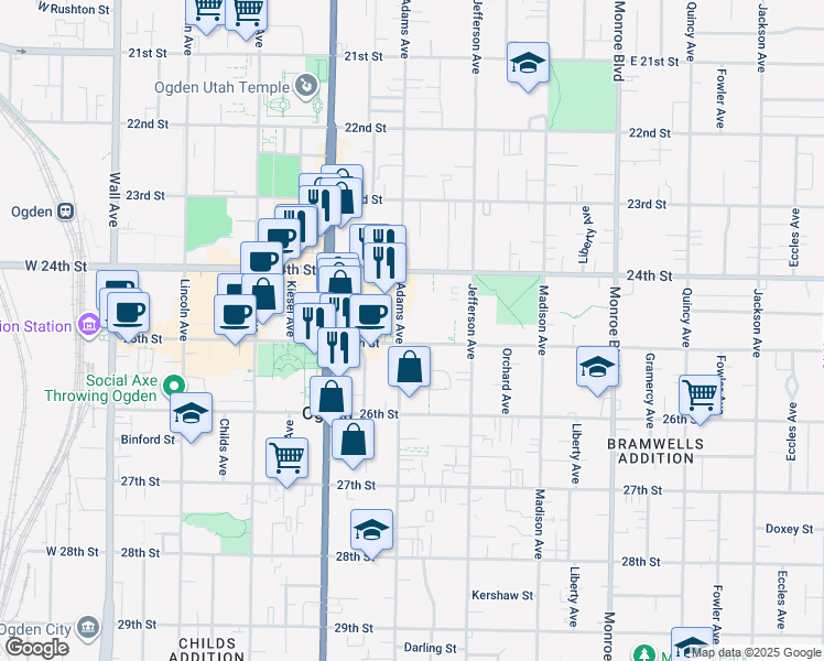 map of restaurants, bars, coffee shops, grocery stores, and more near 2444 Adams Avenue in Ogden