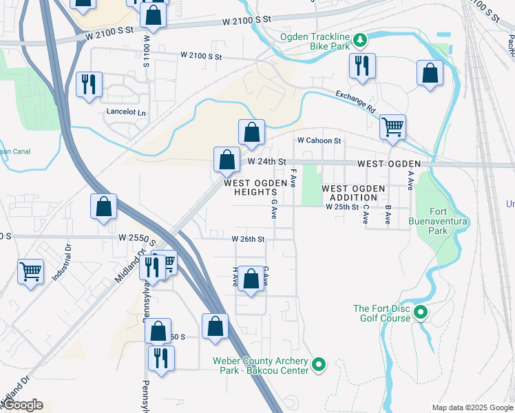 map of restaurants, bars, coffee shops, grocery stores, and more near 2475 G Avenue in Ogden